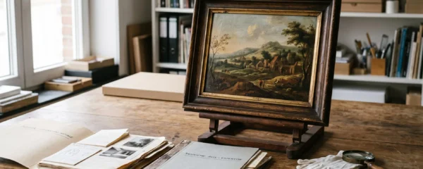 Tableau ancien examiné sur une table avec documents d'estimation et loupe